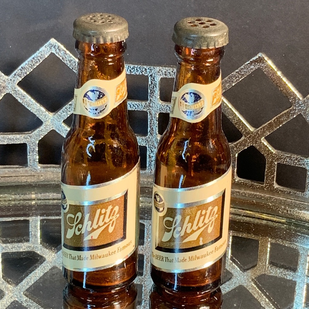 Salt & Pepper Shakers Schlitz Glass Bottles #DX